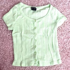 Girls XS green ribbed crew neck short sleeve shirt blouse buttons top